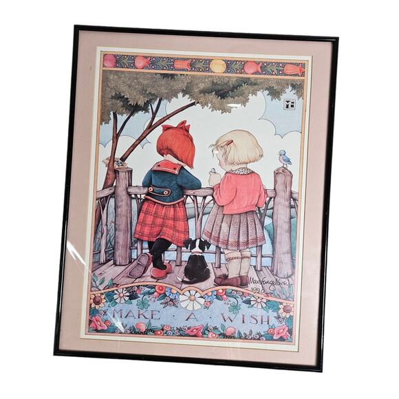 Signed Vintage 90s Mary Engelbreit Framed Print Make a Wish Cottage Nursery Folk - Picture 1 of 2